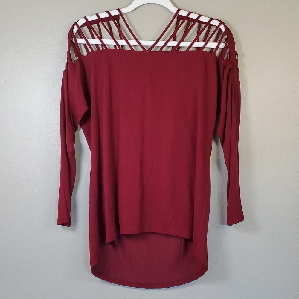 RED Dark Burgundy Women's Blouse with Cut-Out Shoukder Design. Medium